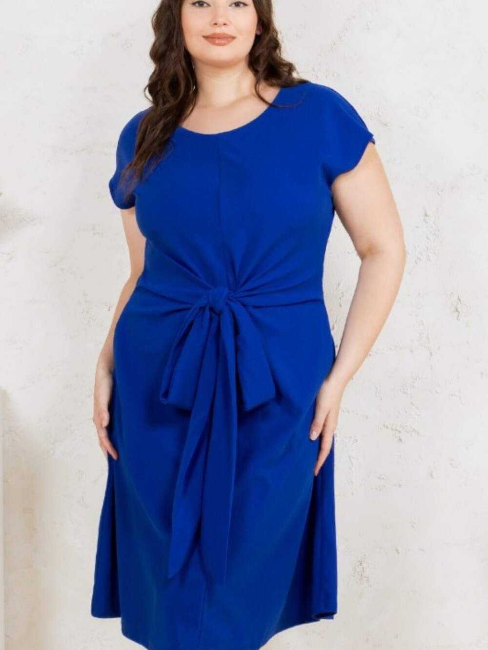 Plus Short Sleeve Tie-Front Cobalt Blue Midi Dress